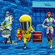 The three main scientists from Research and Destroy run together in a blue-colored castle.